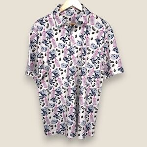 Full Turn Golf Polo Shirt Men Large White Pink All Over Print Picnic Liquor Gin